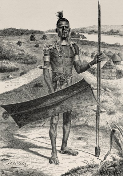 Shuli Krijger Volledig Uitgerust: Dorp op de Achtergrond, uit De Geschiedenis van de Mensheid door Prof. Friedrich Ratzel, gepubliceerd in 1904 door Richard Buchta